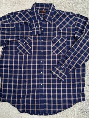 Plains Western Wear Pearl Snap Shirt Mens XL Blue Plaid Long Sleeve Cowboy